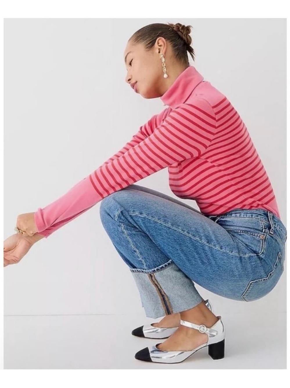 J. Crew Red Pink Perfect-fit Turtleneck Stripe Long Sleeve Fitted Top BM233 L
